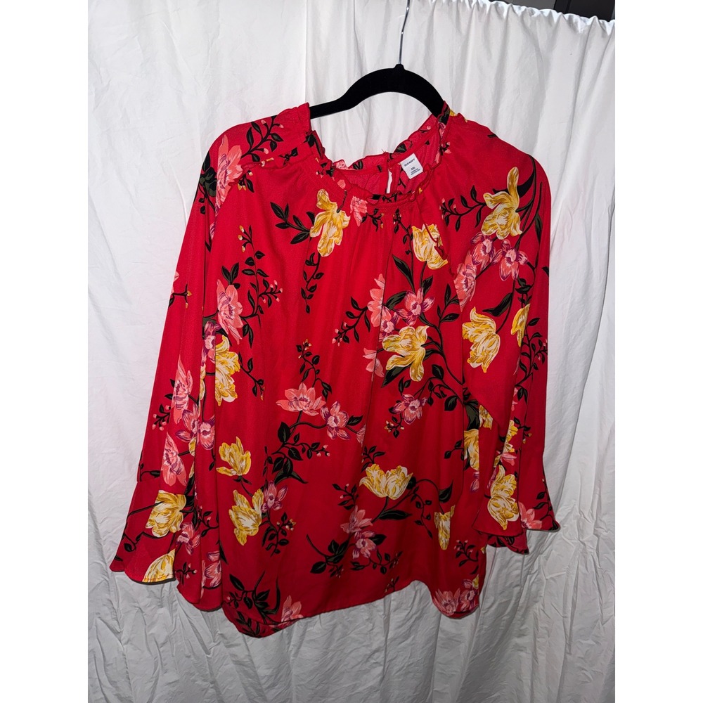 Old Navy Womens XXL Red Floral Ruffle Neck Bell Sleeve Blouse Top Keyhole Back